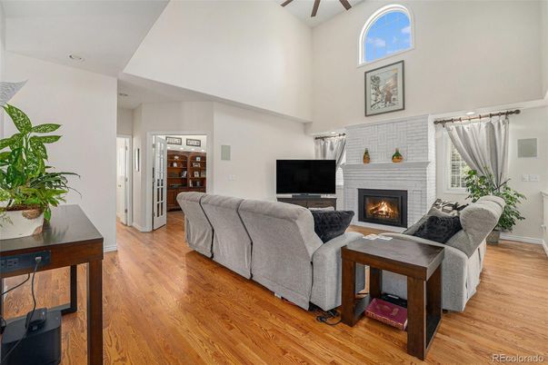 Fireplace, Interior, Living room, Recessed Lighting, Wood Texture Flooring
