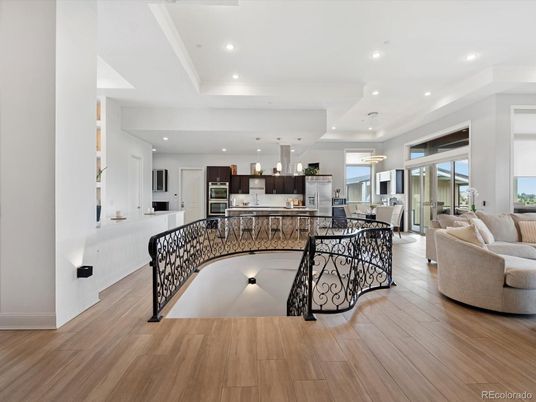 Dining room, Interior, Kitchen, Living room, Pendant Lights, Recessed Lighting, Stainless Steel Appliances, Wood Texture Flooring