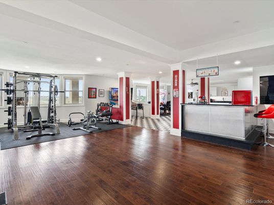 Fitness Equipment, Gym, Interior, Recessed Lighting, Wood Texture Flooring
