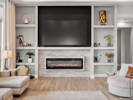 Fireplace, Interior, Recessed Lighting, Wood Texture Flooring