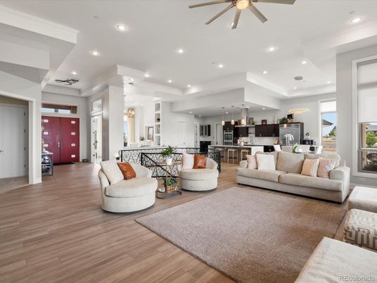 Chandelier, Interior, Kitchen, Living room, Pendant Lights, Recessed Lighting, Stainless Steel Appliances, Wood Texture Flooring