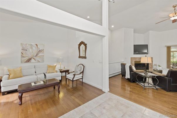 Fireplace, Interior, Living room, Recessed Lighting, Wood Texture Flooring