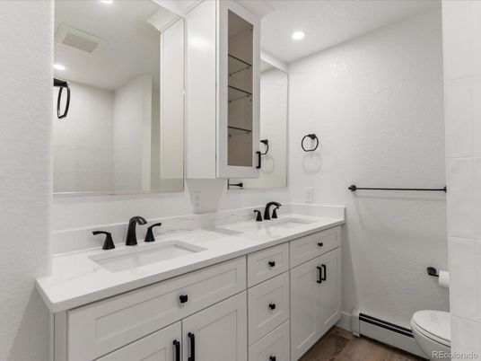 Bathroom, Dual Sink Vanities, Interior, Recessed Lighting, Wood Texture Flooring