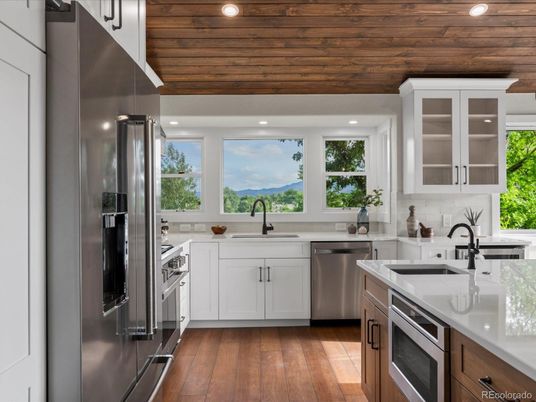 Interior, Kitchen, Recessed Lighting, Stainless Steel Appliances, Wooden Ceilings, Wood Texture Flooring