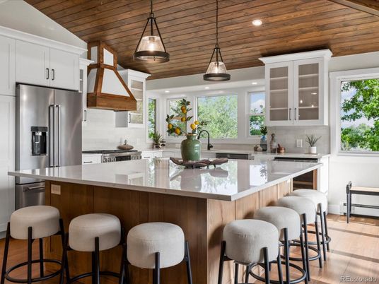 Interior, Kitchen, Pendant Lights, Recessed Lighting, Stainless Steel Appliances, Wooden Ceilings, Wood Texture Flooring