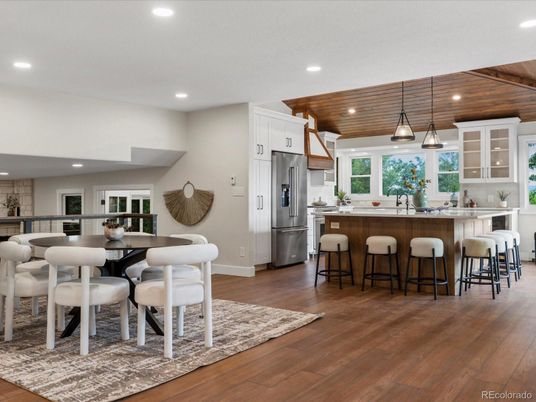 Interior, Kitchen, Pendant Lights, Recessed Lighting, Stainless Steel Appliances, Wooden Ceilings, Wood Texture Flooring