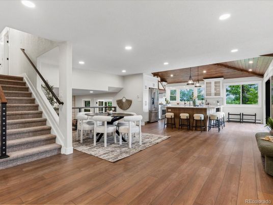 Dining room, Interior, Kitchen, Pendant Lights, Recessed Lighting, Wooden Beams, Wooden Ceilings, Wood Texture Flooring