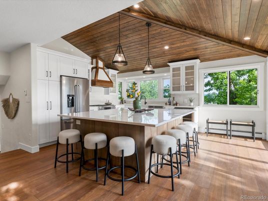 Interior, Kitchen, Pendant Lights, Recessed Lighting, Stainless Steel Appliances, Wooden Ceilings, Wood Texture Flooring