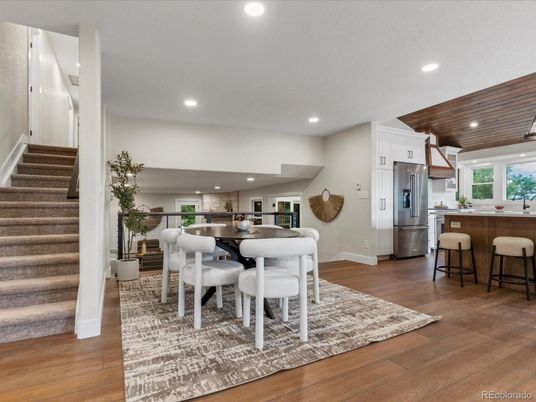 Dining room, Interior, Kitchen, Recessed Lighting, Stainless Steel Appliances, Wooden Ceilings, Wood Texture Flooring