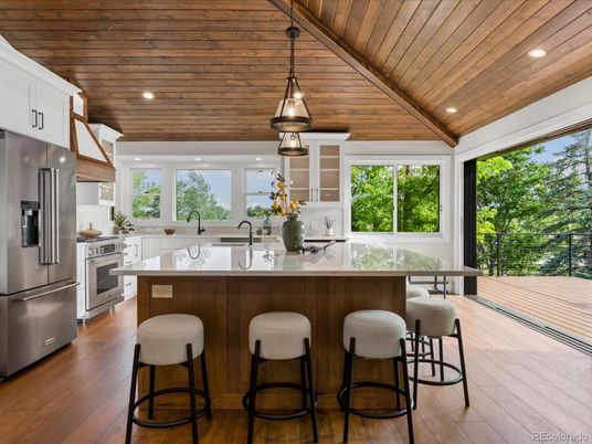 Interior, Kitchen, Pendant Lights, Recessed Lighting, Stainless Steel Appliances, Wooden Ceilings, Wood Texture Flooring