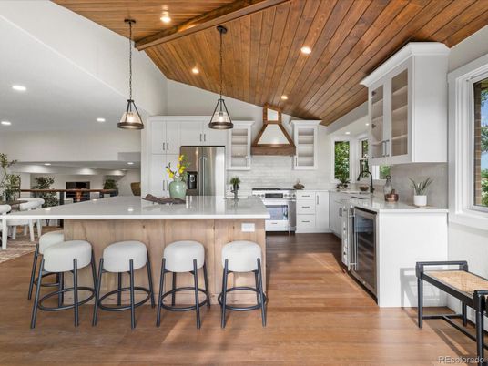 Interior, Kitchen, Pendant Lights, Recessed Lighting, Stainless Steel Appliances, Wooden Ceilings, Wood Texture Flooring