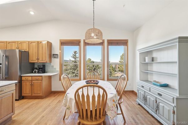 Dining room, Interior, Kitchen, Pendant Lights, Recessed Lighting, Wood Texture Flooring