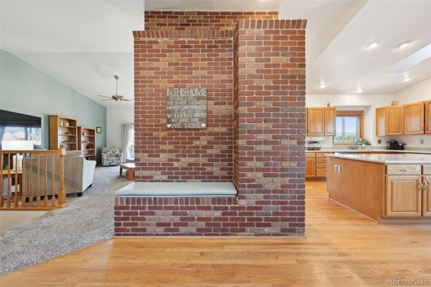 Interior, Kitchen, Recessed Lighting, Stone Walls, Wood Texture Flooring