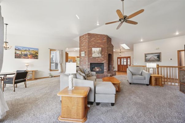 Dining room, Fireplace, Interior, Living room, Pendant Lights, Recessed Lighting, Stone Walls