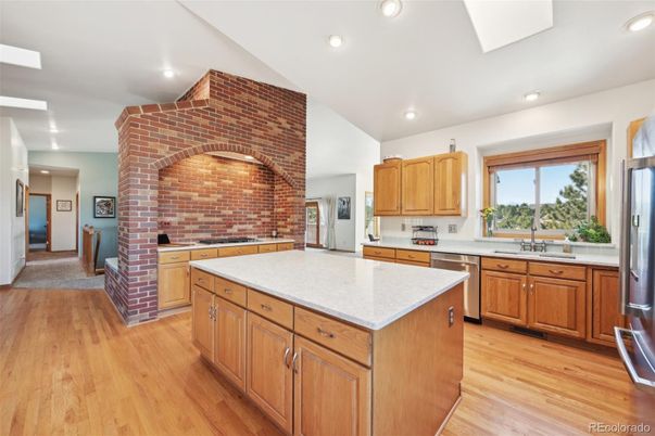 Interior, Kitchen, Recessed Lighting, Stone Walls, Wood Texture Flooring