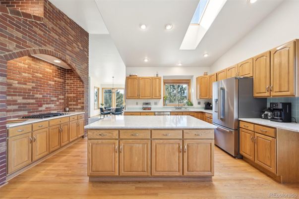 Interior, Kitchen, Recessed Lighting, Stone Walls, Wood Texture Flooring