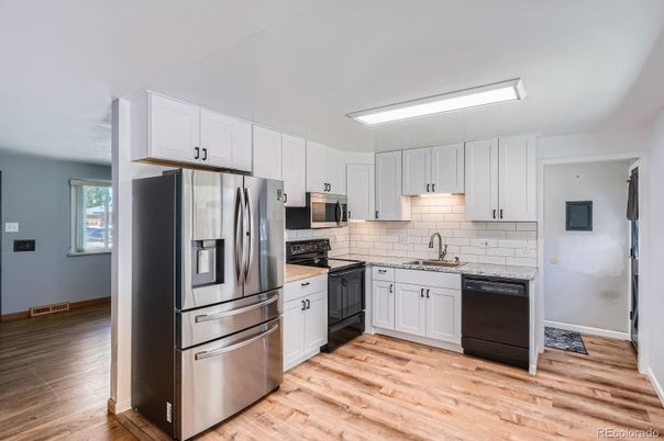 Interior, Kitchen, Stainless Steel Appliances, Wood Texture Flooring