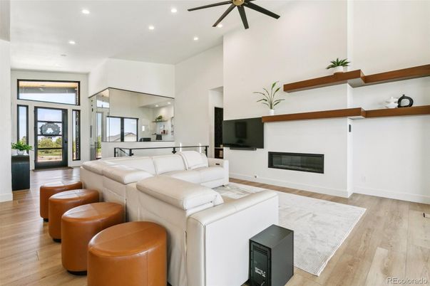 Fireplace, Interior, Living room, Recessed Lighting, Wood Texture Flooring