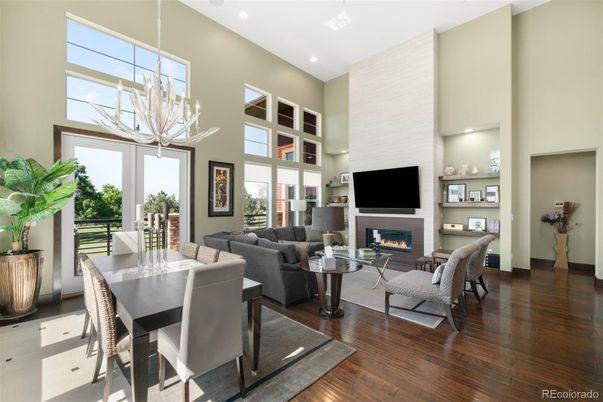 Chandelier, Dining room, Fireplace, Interior, Living room, Recessed Lighting, Wood Texture Flooring