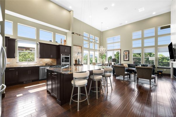 Dining room, Interior, Kitchen, Living room, Pendant Lights, Recessed Lighting, Stainless Steel Appliances, Wood Texture Flooring