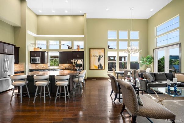 Dining room, Interior, Kitchen, Living room, Pendant Lights, Recessed Lighting, Stainless Steel Appliances, Wood Texture Flooring