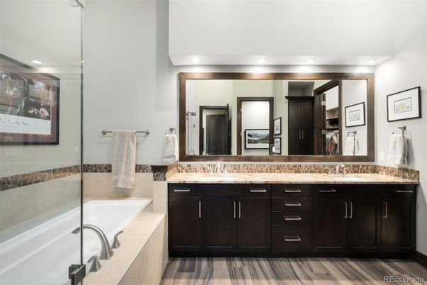Bathroom, Dual Sink Vanities, Interior, Recessed Lighting, Wood Texture Flooring