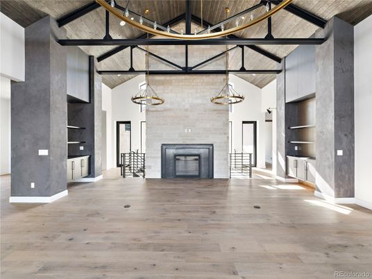 Empty room, Fireplace, Interior, Pendant Lights, Wooden Ceilings, Wood Texture Flooring