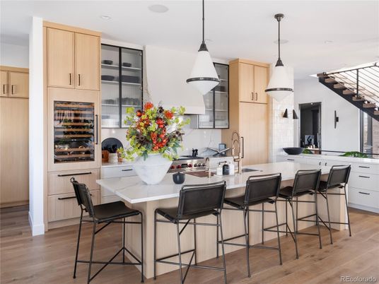 Dining room, Interior, Kitchen, Pendant Lights, Recessed Lighting, Wood Texture Flooring