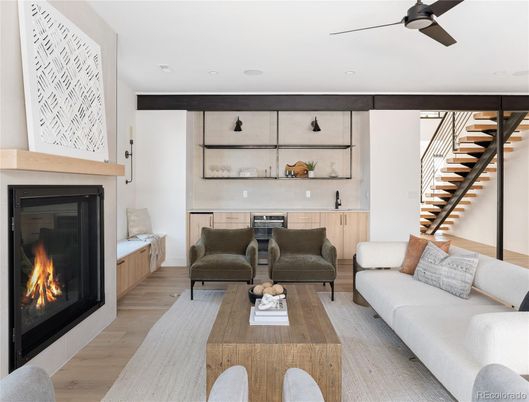 Fireplace, Interior, Living room, Recessed Lighting, Wood Texture Flooring