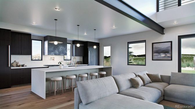 Interior, Kitchen, Living room, Pendant Lights, Recessed Lighting, Wood Texture Flooring