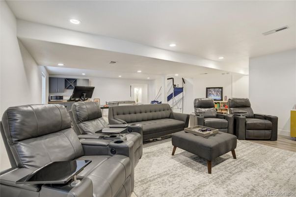 Home Theatre Room, Interior, Living room, Recessed Lighting, Wood Texture Flooring