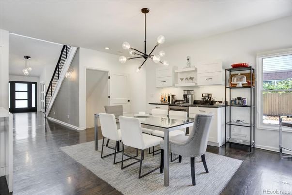 Dining room, Interior, Kitchen, Pendant Lights, Recessed Lighting, Wood Texture Flooring