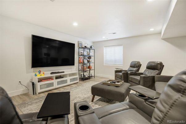 Home Theatre Room, Interior, Living room, Recessed Lighting, Theatre Room, Wood Texture Flooring