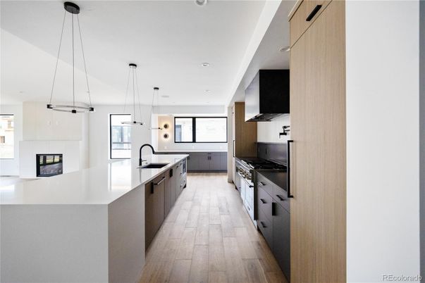 Interior, Kitchen, Pendant Lights, Recessed Lighting, Wood Texture Flooring