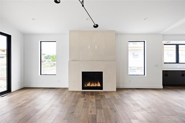 Empty room, Fireplace, Interior, Recessed Lighting, Wood Texture Flooring