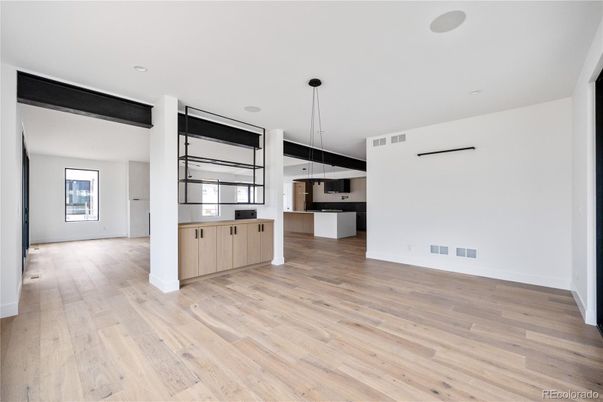 Empty room, Interior, Kitchen, Pendant Lights, Recessed Lighting, Wood Texture Flooring