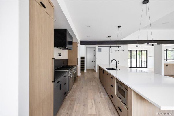 Interior, Kitchen, Pendant Lights, Recessed Lighting, Stainless Steel Appliances, Wood Texture Flooring