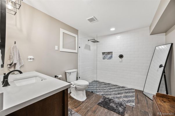 Bathroom, Glass Shower, Interior, Recessed Lighting, Wood Texture Flooring