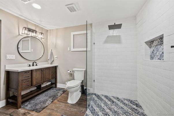Bathroom, Interior, Recessed Lighting, Wood Texture Flooring