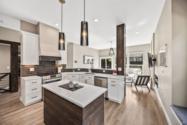 Interior, Kitchen, Pendant Lights, Recessed Lighting, Stainless Steel Appliances, Wood Texture Flooring