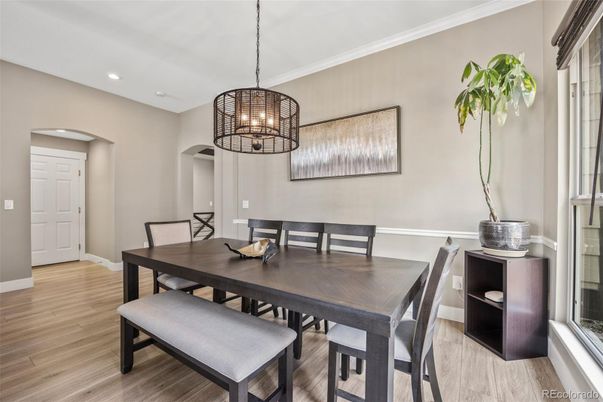 Dining room, Interior, Pendant Lights, Recessed Lighting, Wood Texture Flooring