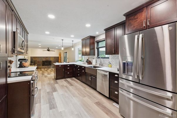 Interior, Kitchen, Pendant Lights, Recessed Lighting, Stainless Steel Appliances, Wood Texture Flooring