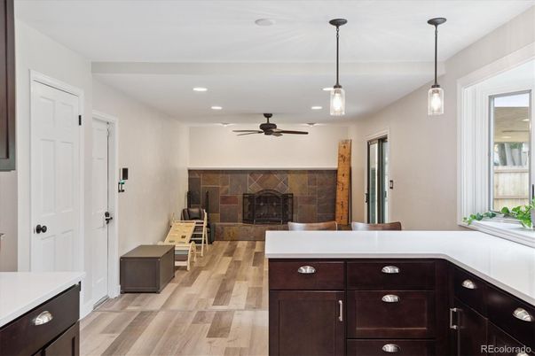 Fireplace, Interior, Pendant Lights, Recessed Lighting, Wood Texture Flooring