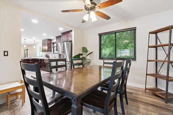 Dining room, Interior, Kitchen, Pendant Lights, Recessed Lighting, Stainless Steel Appliances, Wood Texture Flooring