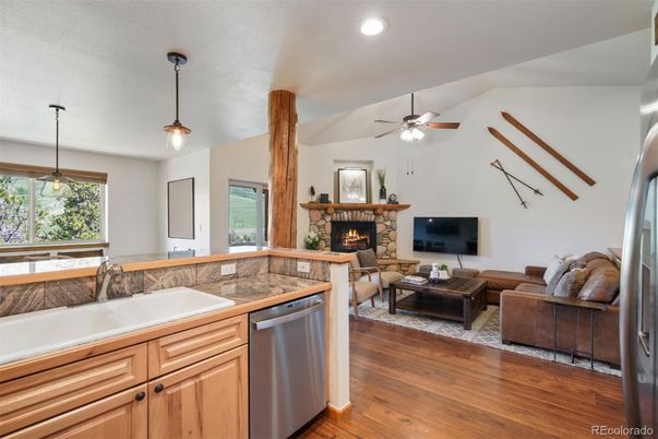 Fireplace, Interior, Kitchen, Living room, Pendant Lights, Recessed Lighting, Wood Texture Flooring