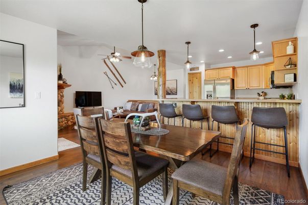 Dining room, Interior, Kitchen, Pendant Lights, Recessed Lighting, Wood Texture Flooring