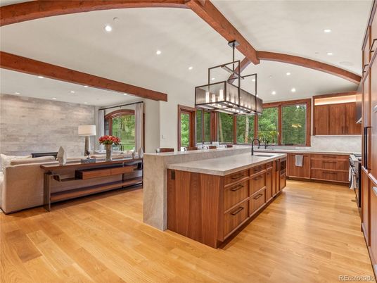 Chandelier, Interior, Kitchen, Pendant Lights, Recessed Lighting, Wooden Beams, Wood Texture Flooring