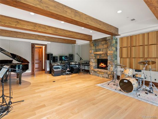 Fireplace, Interior, Piano, Recessed Lighting, Wooden Beams, Wood Texture Flooring
