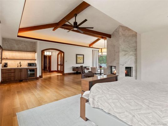 Bedroom, Fireplace, Interior, Pendant Lights, Wooden Beams, Wood Texture Flooring