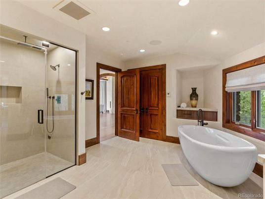 Bathroom, Free Standing Baths, Glass Shower, Interior, Marble, Recessed Lighting